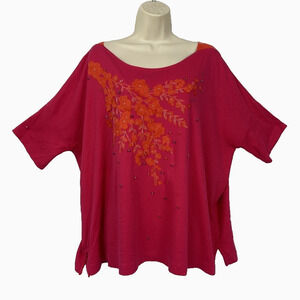 Joan Vass Top Womens XL/3 Pink Orange Embroidered Asian Floral Beaded Boxy Artsy